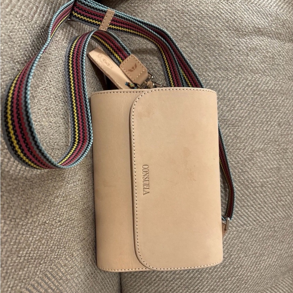 Consuela Beige Crossbody Bag with Multicolor Stripe Strap